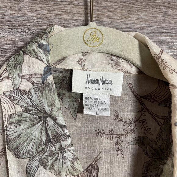 Neiman Marcus Women's Long Blouse/Mini Dress Floral 100% Silk Chiffon L Beige - Picture 2 of 8